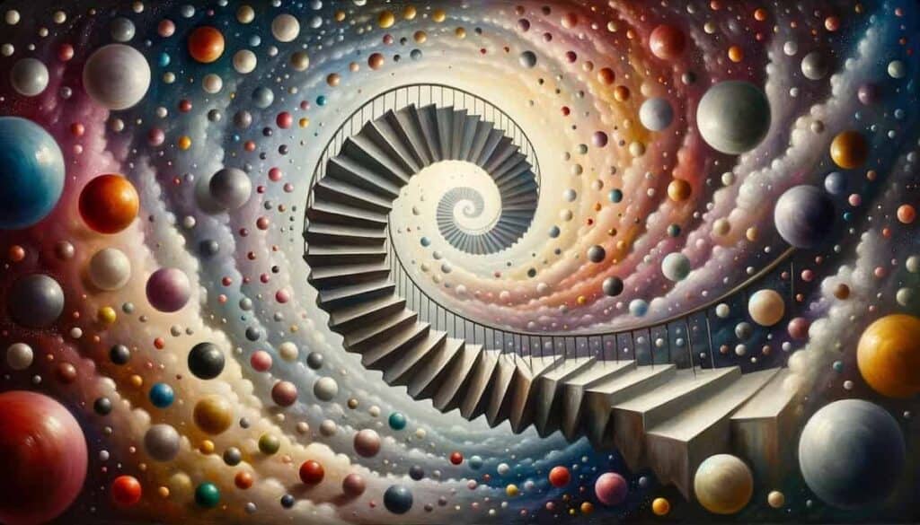 abstract concepts art prompt - oil painting of a gravity-defuing spiral staircase