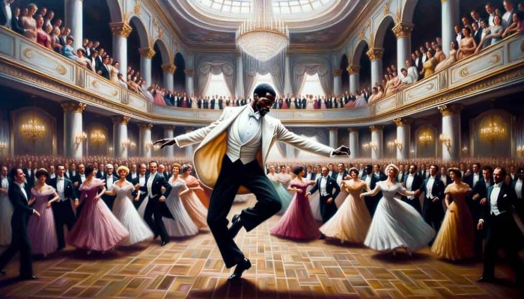 characters and emotions art prompt - grand ballroom scene in oil painting