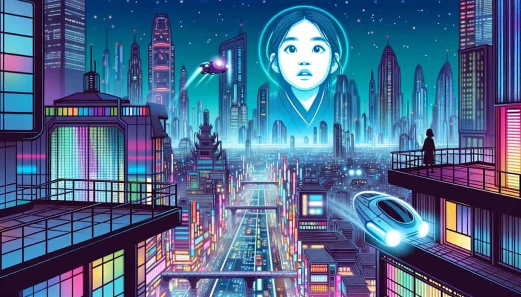 characters and emotions art prompt - illustration of a neon-lit futuristic city