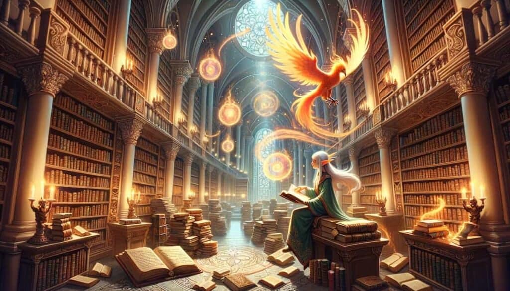 fantasy and mythology art prompt - illustration of a grand magical library