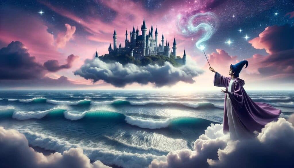 fantasy and mythology art prompt - majestic castle floating on a cloud