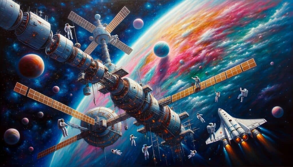 futuristic and sci-fi art prompts - oil painting of a vibrant space station