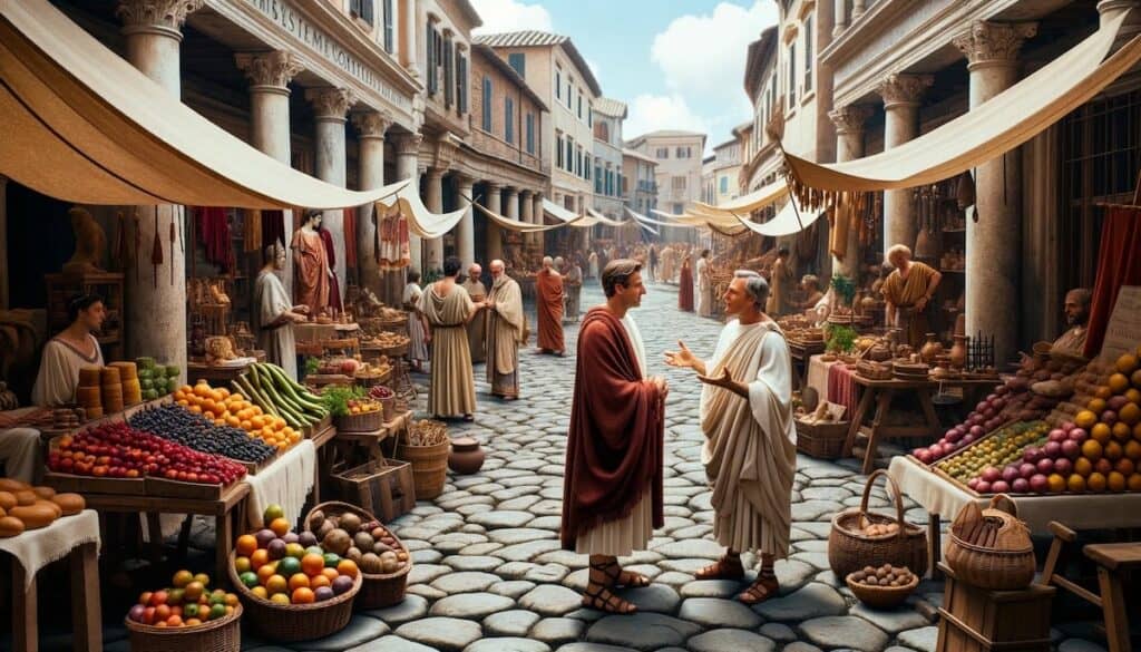historical and cultural art prompt - bustling marketplace in ancient rome