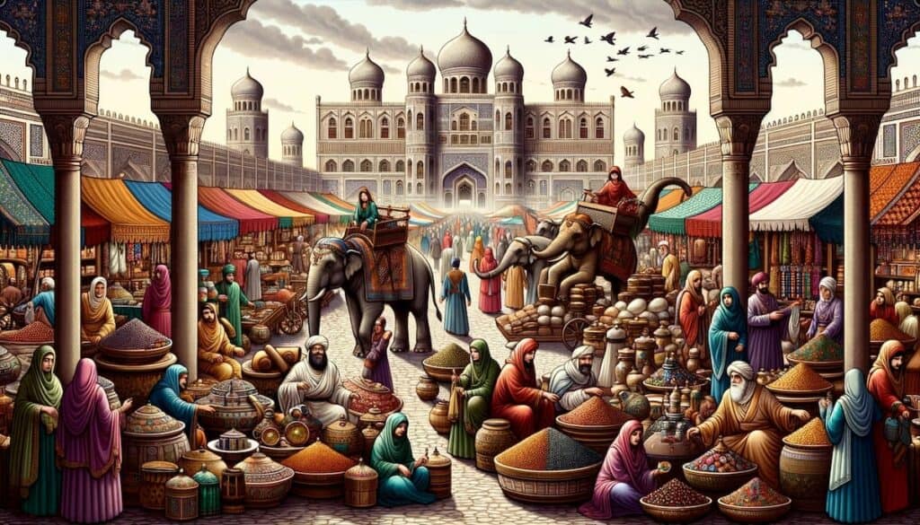 historical and cultural art prompt - illustration of a vibrant bazaar in persia